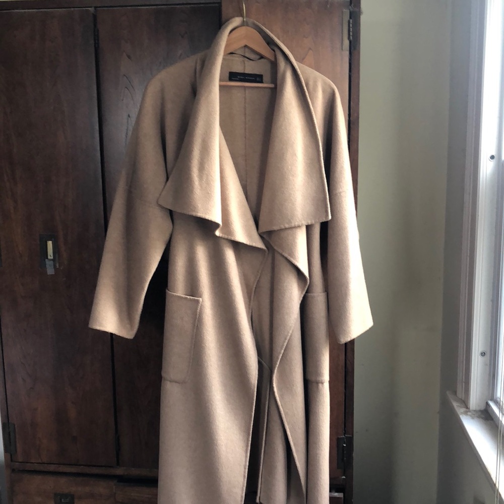 Zara handmade wool blend long wrap camel brown coat.
